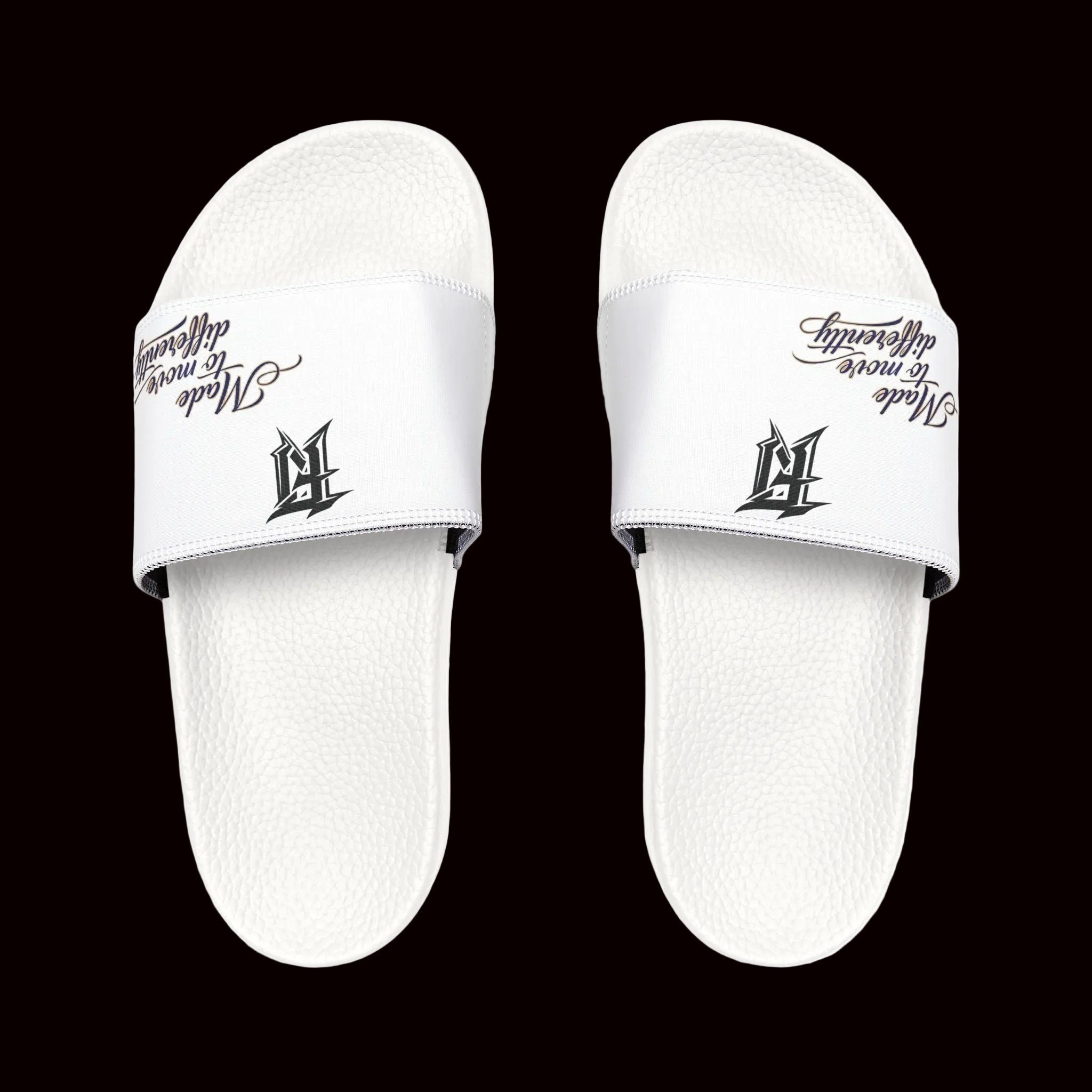 Women’s White Slide Sandals with Script Logo — Minimal Casual Pool & Beach Slides