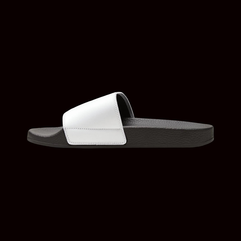 Women’s White Slide Sandals with Script Logo — Minimal Casual Pool & Beach Slides