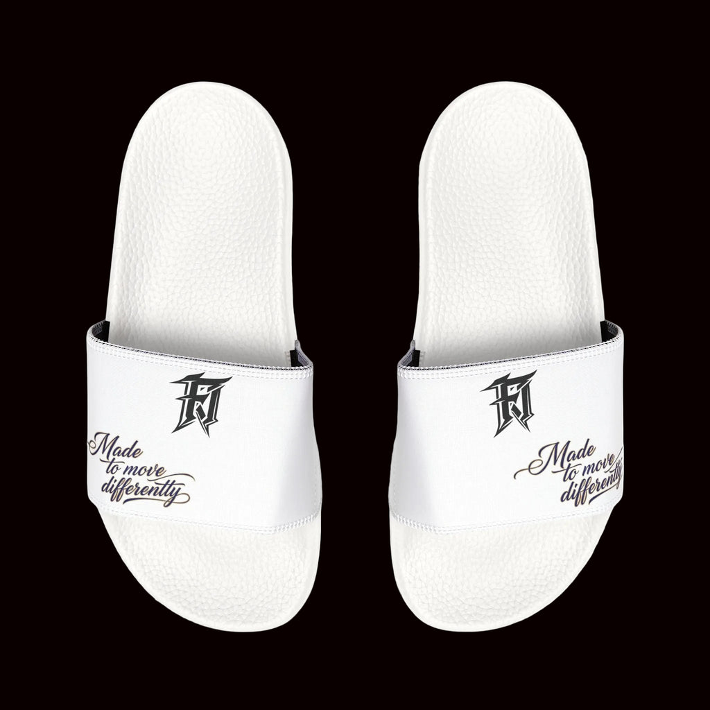 Women’s White Slide Sandals with Script Logo — Minimal Casual Pool & Beach Slides
