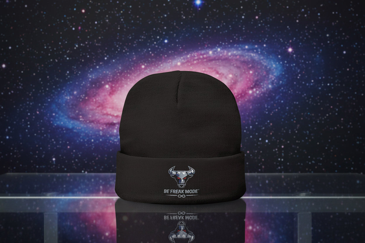 Black knit beanie with embroidered bull logo, Be Freak Mode brand
